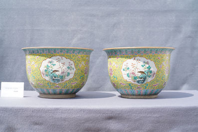 A pair of Chinese famille rose jardini&egrave;res on stands, 19th C.