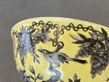 A Chinese grisaille yellow-ground Dayazhai bowl, Yong Qing Cang Chun mark, Guangxu