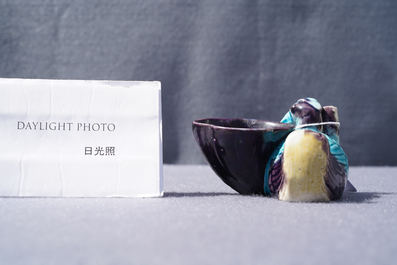 A Chinese aubergine- and turquoise-glazed duck and lotus-shaped water dropper, Kangxi