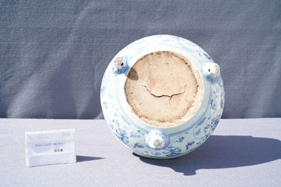 A Chinese blue and white tripod censer with floral design, Ming