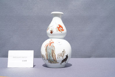 A Chinese polychrome double gourd vase with a goat shepherd, Qianlong mark, Republic