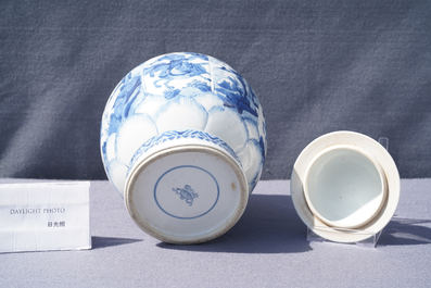 A Chinese blue and white 'horseriders' vase and cover, Kangxi