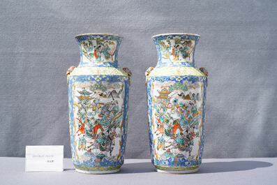 Trois paires de vases en porcelaine de Chine famille rose, verte et &agrave; fond craquel&eacute;, Chine, 19&egrave;me