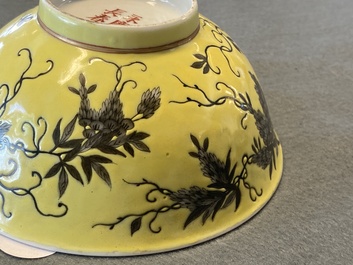 A Chinese grisaille yellow-ground Dayazhai bowl, Yong Qing Cang Chun mark, Guangxu