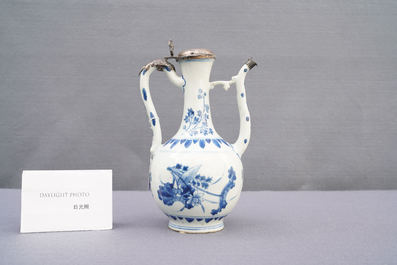 A Chinese blue and white silver-mounted ewer and cover, Transitional period