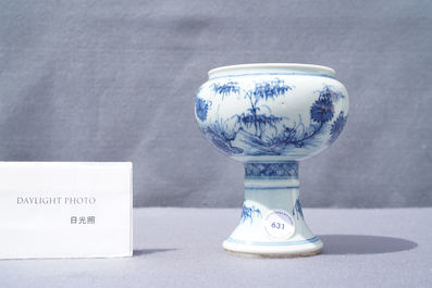 A Chinese blue and white stem cup with floral design, Kangxi/Yongzheng