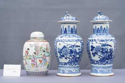 A pair of Chinese blue and white vases and a famille rose jar and cover, 19/20th C.