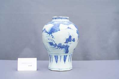 A Chinese blue and white vase with figures in a landscape, Transitional period