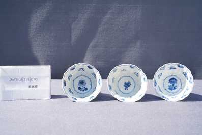 Six Chinese blue and white cups and saucers, Kangxi