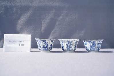 Six Chinese blue and white cups and saucers, Kangxi