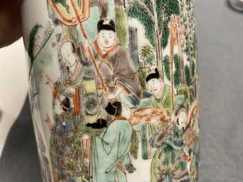 A rare Chinese famille verte 'Feng shen bang' rouleau vase, Kangxi