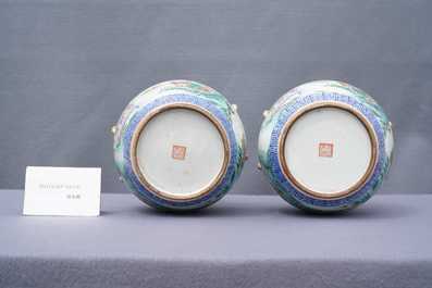 A pair of Chinese famille rose bowls and covers with landscapes, Qianlong mark, Republic