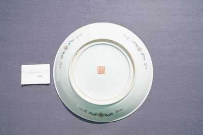 Two Chinese famille rose dishes with ladies in a garden, Qianlong mark, Republic