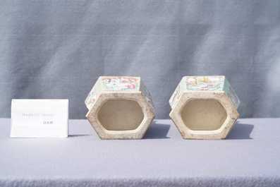 Two Chinese hexagonal Canton famille rose vases and covers, 19th C.