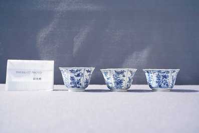 Six Chinese blue and white cups and saucers, Kangxi