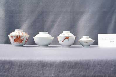 Eight Chinese famille rose and iron-red covered bowls with two stands, 19th C.