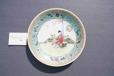 Two Chinese famille rose dishes with ladies in a garden, Qianlong mark, Republic