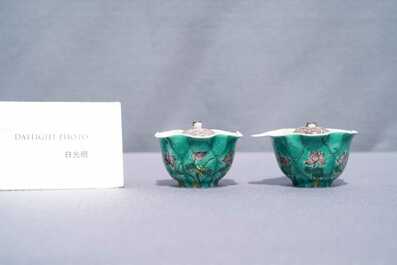 A pair of Chinese verte biscuit lotus-shaped trick cups, 19th C.