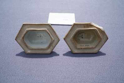 Two Chinese hexagonal Canton famille rose vases and covers, 19th C.