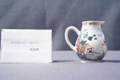 A Chinese famille rose 'mountainous landscape' jug, a pattipan and a saucer, Yongzheng