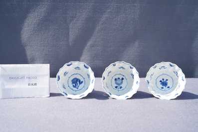 Six Chinese blue and white cups and saucers, Kangxi