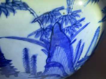 A large Chinese blue and white 'river landscape' bowl, Ming