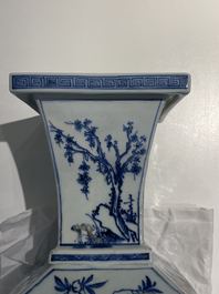 A Chinese square-sectioned blue, white and copper-red vase, Kangxi