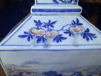 A Chinese square-sectioned blue, white and copper-red vase, Kangxi