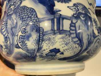 A Chinese blue and white 'mythical beasts' censer, Transitional period