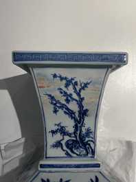 A Chinese square-sectioned blue, white and copper-red vase, Kangxi