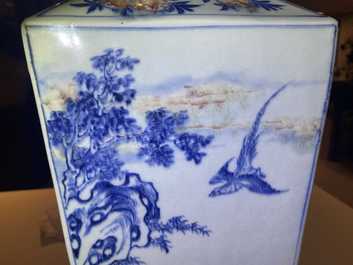 A Chinese square-sectioned blue, white and copper-red vase, Kangxi