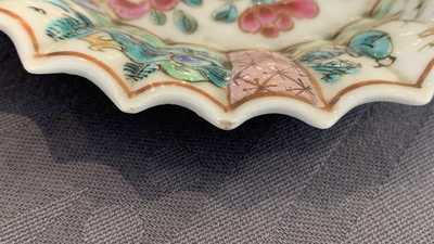 A lobed Chinese famille rose 'rooster' cup and saucer, Yongzheng