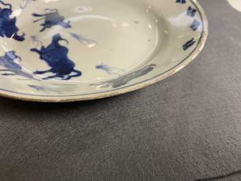 A Chinese blue and white ko-sometsuke 'oxen' plate for the Japanese market, Tianqi