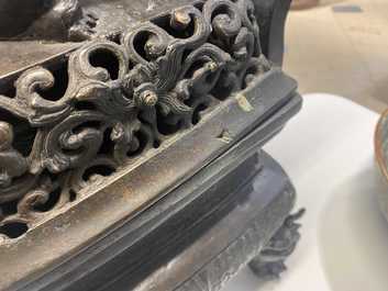 A large Chinese bronze censer and cover, Ming