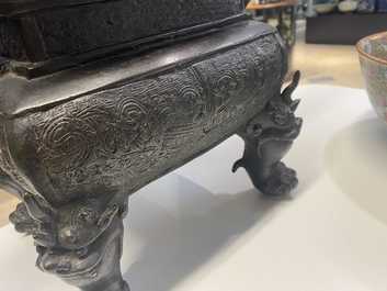 A large Chinese bronze censer and cover, Ming