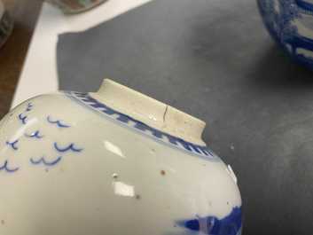 A pair of Chinese blue and white covered jars and a pair of famille rose vases, 19th C.