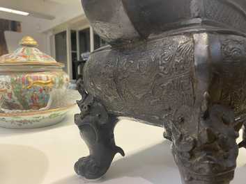 A large Chinese bronze censer and cover, Ming