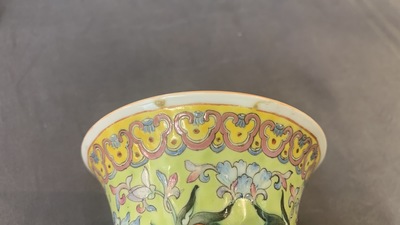 A Chinese famille rose lime green-ground vase, Qianlong mark, Republic