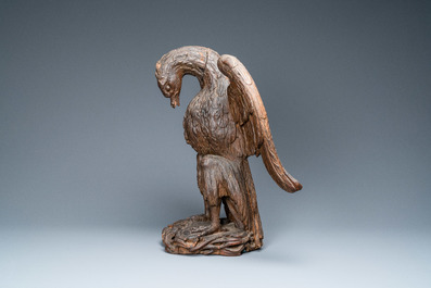 An oak model of a pelican, 17th C.
