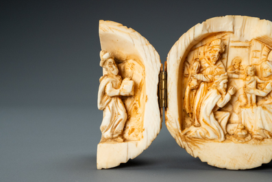 An ivory triptych ball depicting 'The adoration of the magi', France, 19th C.