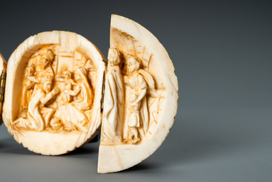 An ivory triptych ball depicting 'The adoration of the magi', France, 19th C.