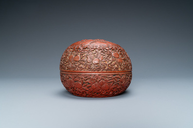 A Chinese red cinnabar lacquer peach-shaped box and cover, Kangxi