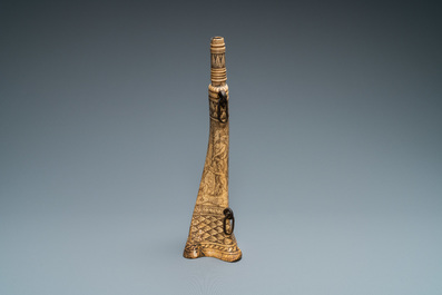 An engraved mythological subject stag antler horn powder flask, probably Germany, 19th C.