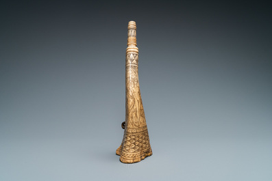 An engraved mythological subject stag antler horn powder flask, probably Germany, 19th C.