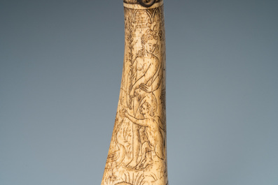 An engraved mythological subject stag antler horn powder flask, probably Germany, 19th C.