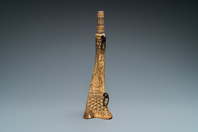 An engraved mythological subject stag antler horn powder flask, probably Germany, 19th C.