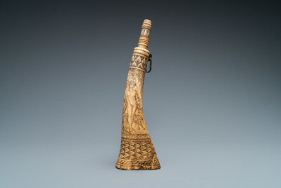 An engraved mythological subject stag antler horn powder flask, probably Germany, 19th C.