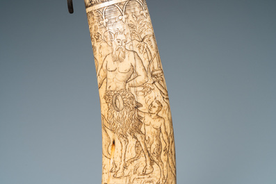 An engraved mythological subject stag antler horn powder flask, probably Germany, 19th C.