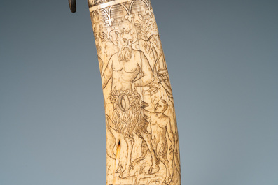 An engraved mythological subject stag antler horn powder flask, probably Germany, 19th C.