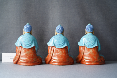 Three Chinese robin's egg and gilt figures of Bodhisattva, Qianlong/Jiaqing